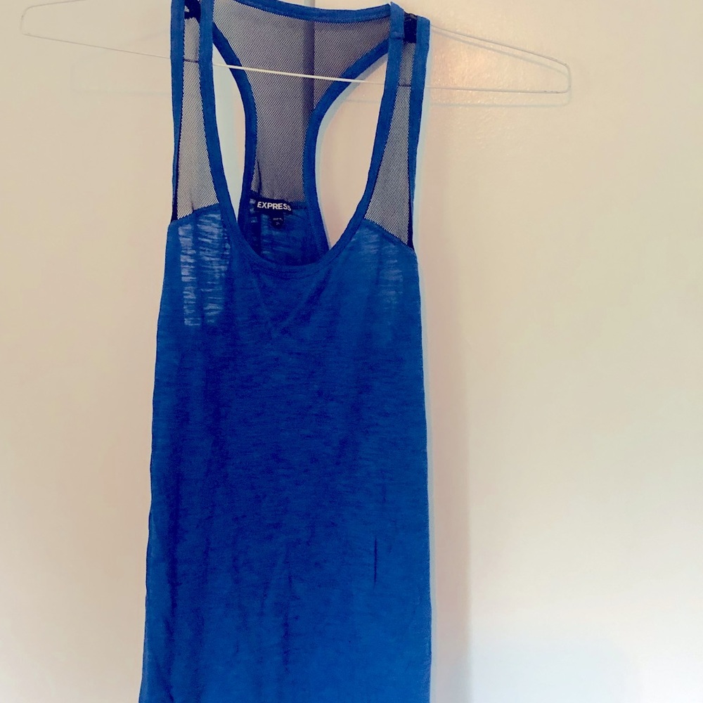 Express tank top. Blue and black. See through mesh at the top